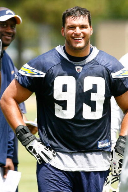 SAN DIEGO - MAY 03: Defensive end Luis Castillo #93 of the San Diego Chargers smiles during a break in minicamp practice at the team's training facility on May 3, 2009 in San Diego, California. (Photo by Kevin Terrell/Getty Images)