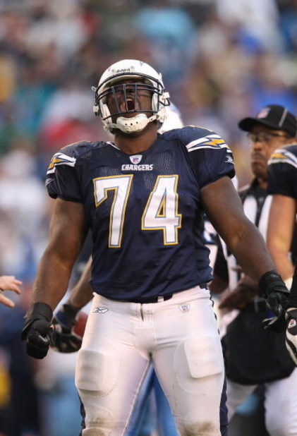 SAN DIEGO - JANUARY 06:  Jacques Cesaire #74 of the San Diego Chargers reacts after a defensive play against the Tennessee Titans in the first half during their AFC Wild Card Playoff Game at Qualcomm Stadium on January 6, 2008 in San Diego, California.  (