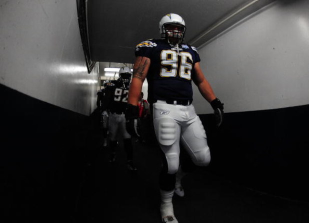 SAN DIEGO - AUGUST 15:  Keith Grennan # 96 of the San Deigo Chargers walks onto the feild to play the Seattle Seahawks on August 15, 2009 in San Diego, California.  (Photo by Jacob de Golish/Getty Images)