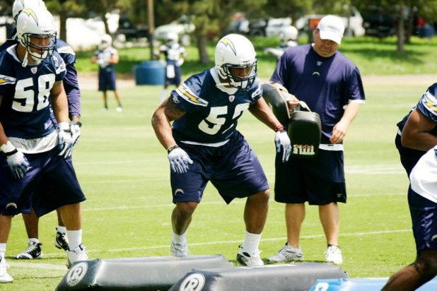 SAN DIEGO - MAY 03: Linebacker Larry English #92 of the San Diego Chargers participates in a practice drill during minicamp at the Chargers training facility on May 3, 2009 in San Diego, California. (Photo by Kevin Terrell/Getty Images)