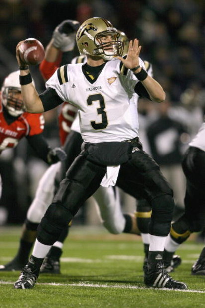 MUNCIE, IN - NOVEMBER 25:  Quarterback Tim Hiller #3 of the Western Michigan Broncos passes the ball during the MAC game against the Ball State Cardinals at Scheumann Stadium on November 25, 2008 in Muncie, Indiana.  (Photo by Andy Lyons/Getty Images)