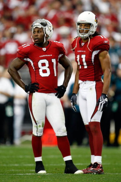 GLENDALE, AZ - JANUARY 18:  Wide receivers Anquan Boldin #81 and Larry Fitzgerald #11 of the Arizona Cardinals look on in the second quarter against the Philadelphia Eagles during the NFC championship game on January 18, 2009 at University of Phoenix Stad