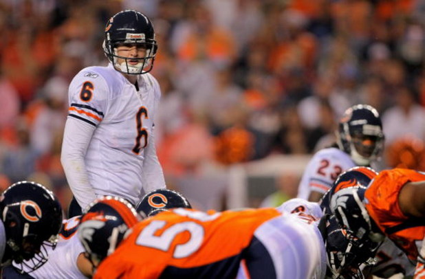 DENVER - AUGUST 30:  Quarterback Jay Cutler #6 of the Chicago Bears runs the offense against the Denver Broncos during preseason NFL action at INVESCO Field at Mile High on August 30, 2009 in Denver, Colorado. The Bears defeated the Broncos 27-17.  (Photo