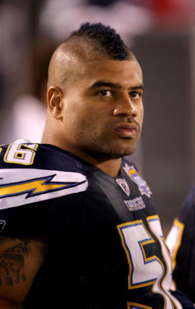 SAN DIEGO - SEPTEMBER 04:  Linebacker Shawne Merriman #56 of the San Diego Chargers sits on the bench during the game with the San Francisco 49ers on September 4, 2009 at Qualcomm Stadium in San Diego, California. The Chargers won 26-7. (Photo by Stephen 