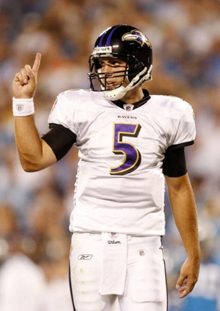 CHARLOTTE, NC - AUGUST 29: Quarterback Joe Flacco #5 of the Baltimore Ravens signals to his team during their game against the Carolina Panthers at Bank of America Stadium on August 29, 2009 in Charlotte, North Carolina. (Photo by Streeter Lecka/Getty Ima