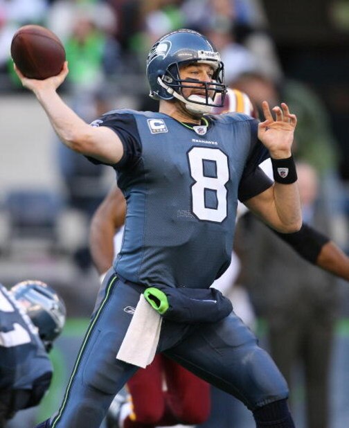 SEATTLE - NOVEMBER 23: Quarterback Matt Hasselbeck #8 of the Seattle Seahawks passes against the Washington Redskins on November 23, 2008 at Qwest Field in Seattle, Washington. The Redskins defeated the 20-17. (Photo by Otto Greule Jr/Getty Images)