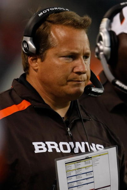 CHICAGO, IL - SEPTEMBER 3: Head coach Eric Mangini of the Cleveland Browns watches the action from the sidelines against  the Chicago Bears at Soldier Field on September 3, 2009 in Chicago, Illinois. (Photo by Scott Boehm/Getty Images)