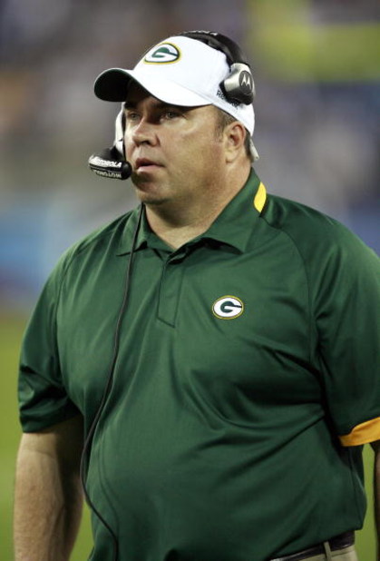 NASHVILLE, TN - SEPTEMBER 3: Head coach Mike McCarthy of the Green Bay Packers looks on against the Tennessee Titans during a preseason NFL game at LP Field on September 3, 2009 in Nashville, Tennessee. The Titans beat the Packers 27-13. (Photo by Joe Mur