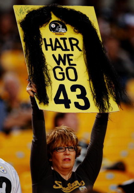 PITTSBURGH - SEPTEMBER 10:  A Pittsburgh Steelers fan holds up a sign for Troy Polamalu #43 before the start of the NFL season opener against the Tennessee Titans at Heinz Field on September 10, 2009 in Pittsburgh, Pennsylvania. (Photo by Scott Boehm/Gett