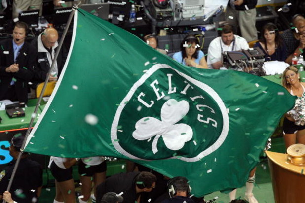 BOSTON - JUNE 17:  A Boston Celtics flag is on the court after the Celtics defeated the Los Angeles Lakers in Game Six of the 2008 NBA Finals on June 17, 2008 at TD Banknorth Garden in Boston, Massachusetts. NOTE TO USER: User expressly acknowledges and a