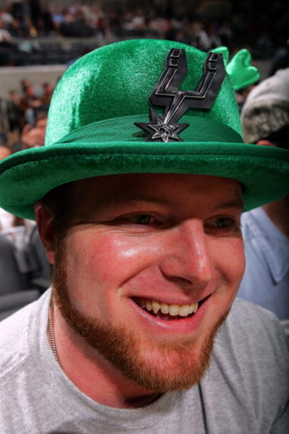 SAN ANTONIO - MARCH 17: Sam Ward of San Antonio, Texas wears a shamrock hat with a Spurs logo before a game with the  Boston Celtics at AT&T Center March 17, 2008 in San Antonio, Texas.  NOTE TO USER: User expressly acknowledges and agrees that, by downlo