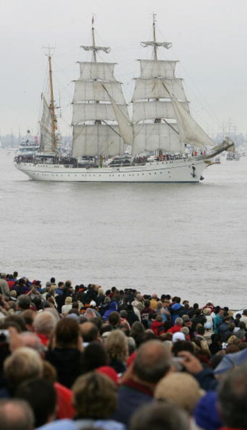 BREMERHAVEN, GERMANY - AUGUST 14:  The German training ship 'Gorch Fock' sails during the Parade on August 14, 2005 in Bremerhaven, Germany. The Sailing event in Bremerhaven is the greatest festival of square-riggers in Europe. More than 200 windjammers a