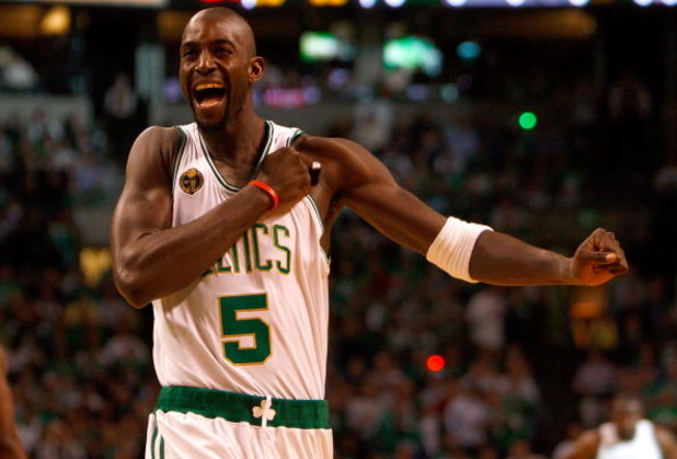 BOSTON, MA - OCTOBER 28: Kevin Garnett #5 reacts before a game against the Cleveland Cavaliers at the TD Banknorth Garden on October 28, 2008 in Boston, Massachusetts. NOTE TO USER: User expressly acknowledges and agrees that, by downloading and/or using 