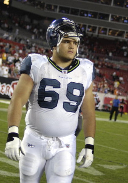 TAMPA, FL - OCTOBER 19: Guard Steve Vallos #69 of the Seattle Seahawks plays against the Tampa Bay Buccaneers after play at Raymond James Stadium on October 19, 2008 in Tampa, Florida.  (Photo by Al Messerschmidt/Getty Images) 