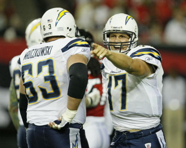 ATLANTA - AUGUST 29:  Quarterback Philip Rivers #17 of the San Diego Chargers argues an intentional grounding call during the game against the Atlanta Falcons at the Georgia Dome on August 29, 2009 in Atlanta, Georgia.  The Falcons beat the Chargers 27-24