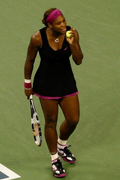 NEW YORK - SEPTEMBER 12:  Serena Williams argues a call by the line judge which led to her disqualification for a conduct violation during the Women's Singles Semifinal match against Kim Clijsters of Belgium on day thirteen of the 2009 U.S. Open at the US
