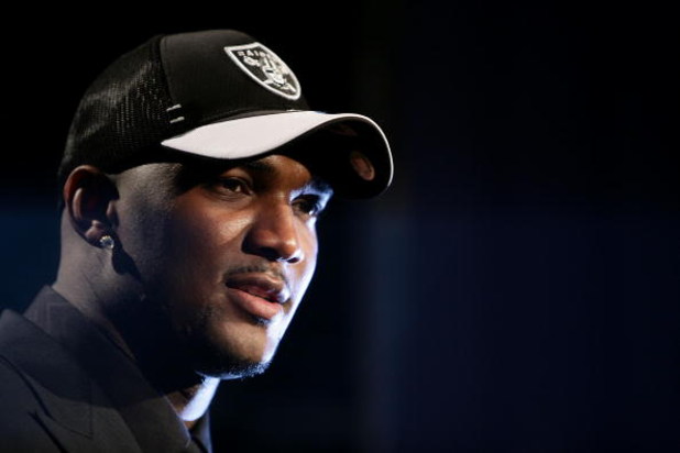 NEW YORK - APRIL 28:  JaMarcus Russell talks with media at a press conference, after being chosen first overall by the Oakland Raiders at the 2007 NFL Draft at Radio City Music Hall April 28, 2007 in New York City.  (Photo by Nick Laham/Getty Images)